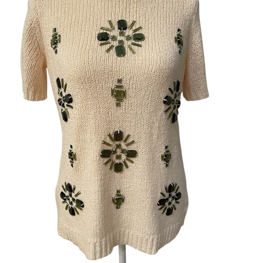 J.Crew Jeweled Cream Knit Top with Green Floral Embellishments